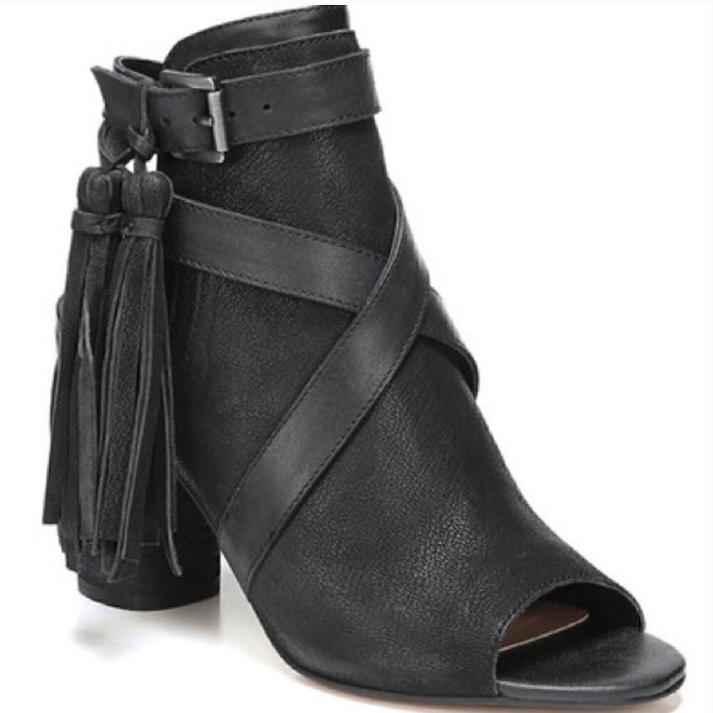 Sam Edelman Vermont Black Leather Peep Toe Cross Strap Tassel Ankle Boot